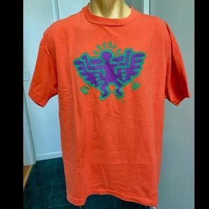 VINTAGE 1980s KEITH HARING TSHIRT ORIGINAL POP SHOP NYC ORANGE ANGEL DEVIL XL